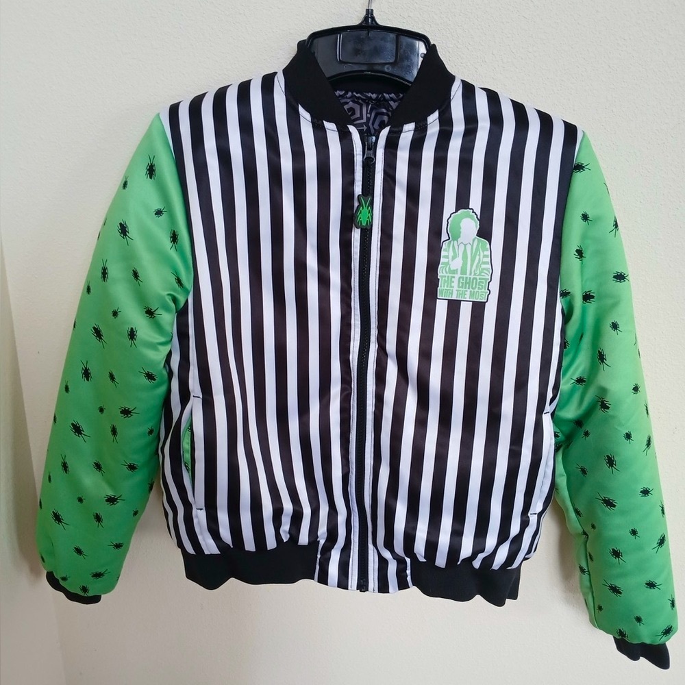 BlackMilk Limited Beetlejuice Green Black & White Striped Bomber Jacket Size M